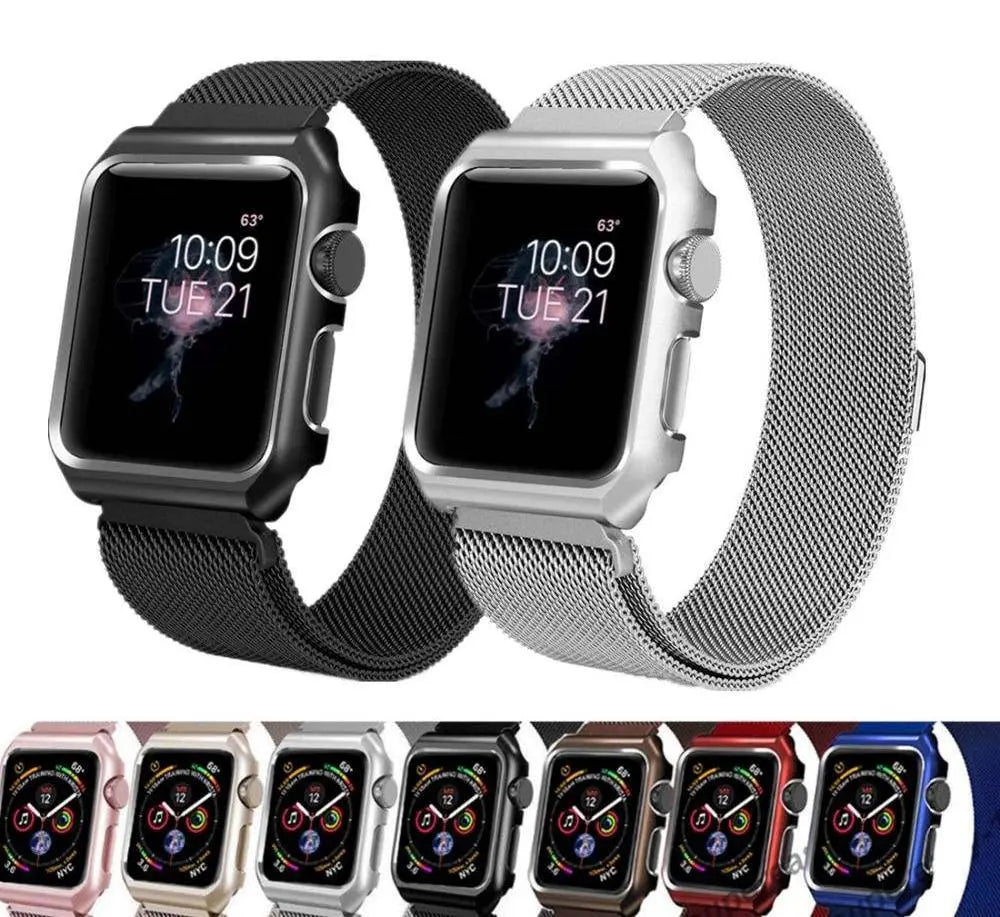 Bracelet de smartwatch en acier inoxydable avec maille et coque de protection 38mm 40mm 42mm 44mm, bracelet de poignet, accessoire de montre | Sansoti