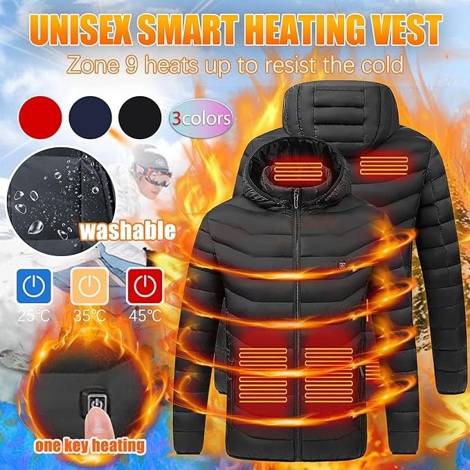 Thermal Puffer Jacket with 9 Heating Zones Hooded Quilted Unisex Winter Clothing Foldable Outdoor Jacket | Sansoti