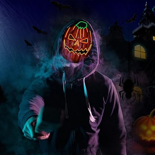 Maska LED w kształcie dyni z efektami świetlnymi na imprezy Halloween i karnawałowe, z regulowanymi trybami świecenia, dekoracja | Sansoti