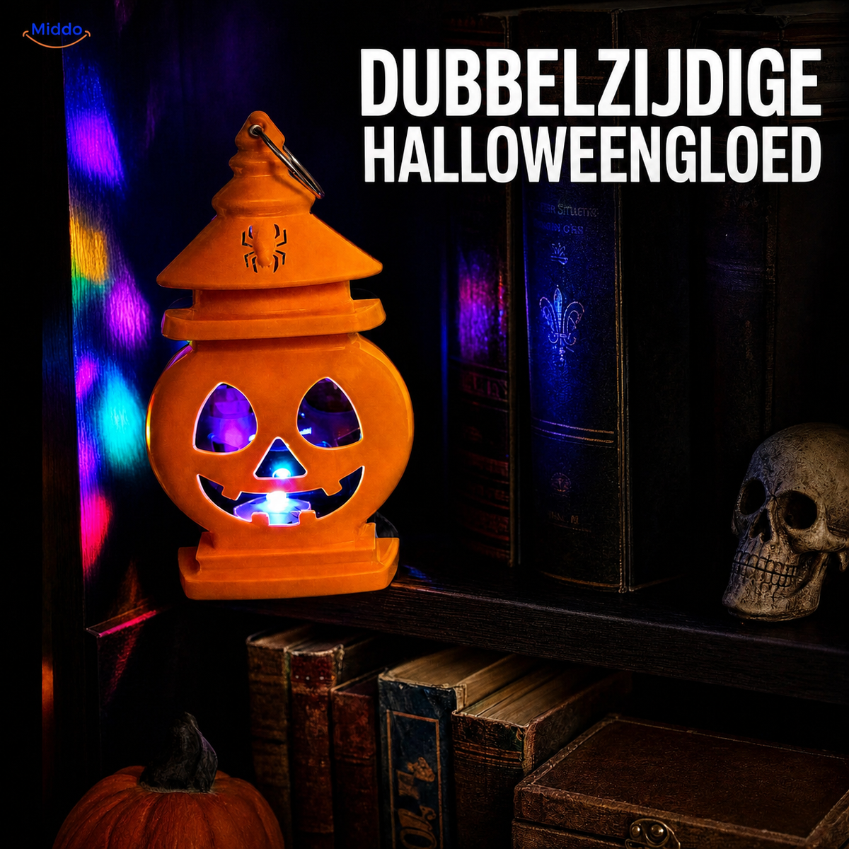 Double-Sided Halloween Pumpkin Lantern Metal Handle Orange Black Alternating Light Mood Lighting | Sansoti