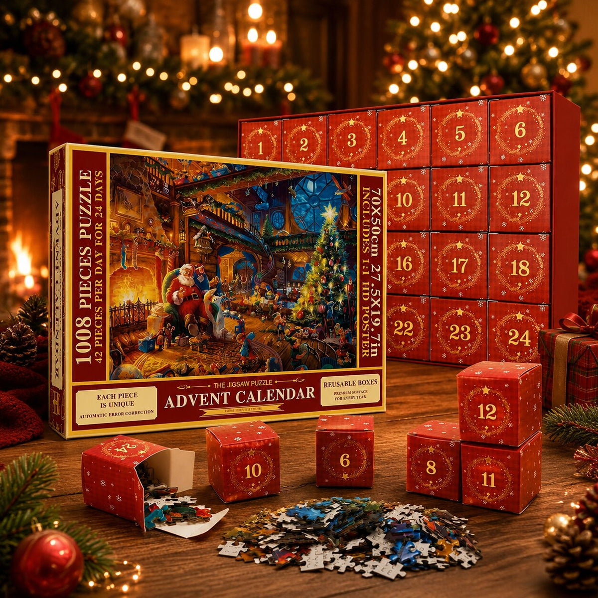 Adventskalender mit 1008 Puzzleteilen, 24 Tage, Weihnachtspuzzle 50x70cm, komplett mit Poster, Weihnachtsdekoration | Sansoti