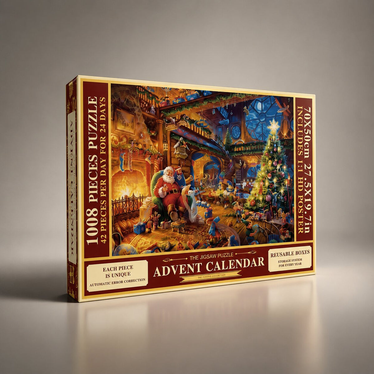 Adventskalender mit 1008 Puzzleteilen, 24 Tage, Weihnachtspuzzle 50x70cm, komplett mit Poster, Weihnachtsdekoration | Sansoti
