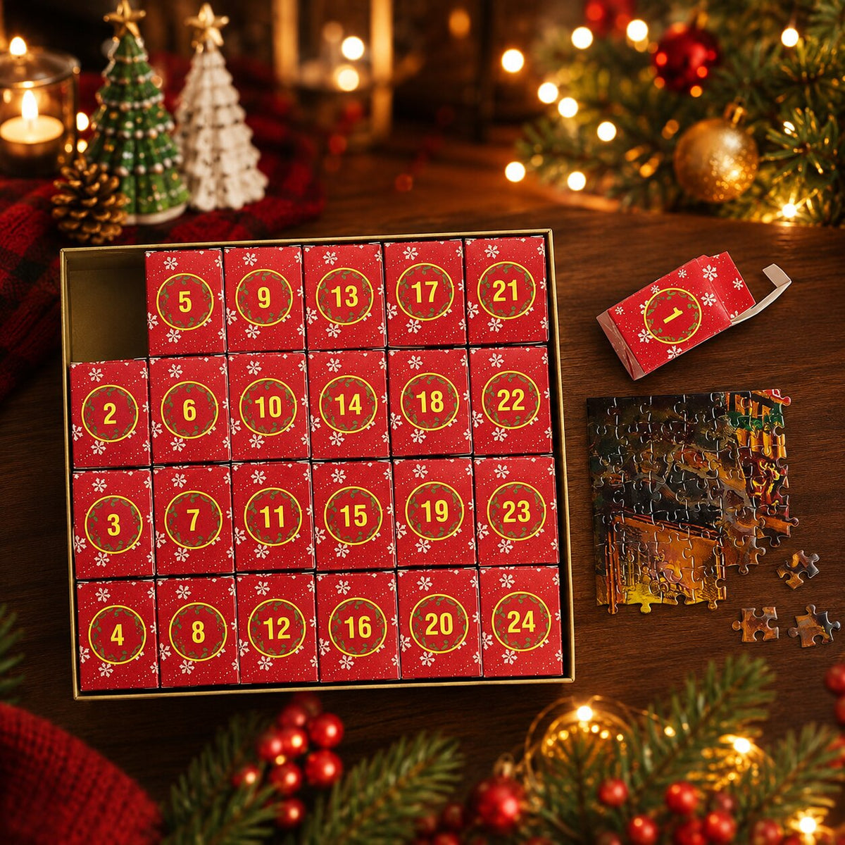 Adventskalender mit 1008 Puzzleteilen, 24 Tage, Weihnachtspuzzle 50x70cm, komplett mit Poster, Weihnachtsdekoration | Sansoti