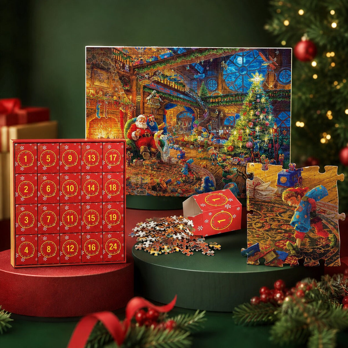 Adventskalender mit 1008 Puzzleteilen, 24 Tage, Weihnachtspuzzle 50x70cm, komplett mit Poster, Weihnachtsdekoration | Sansoti