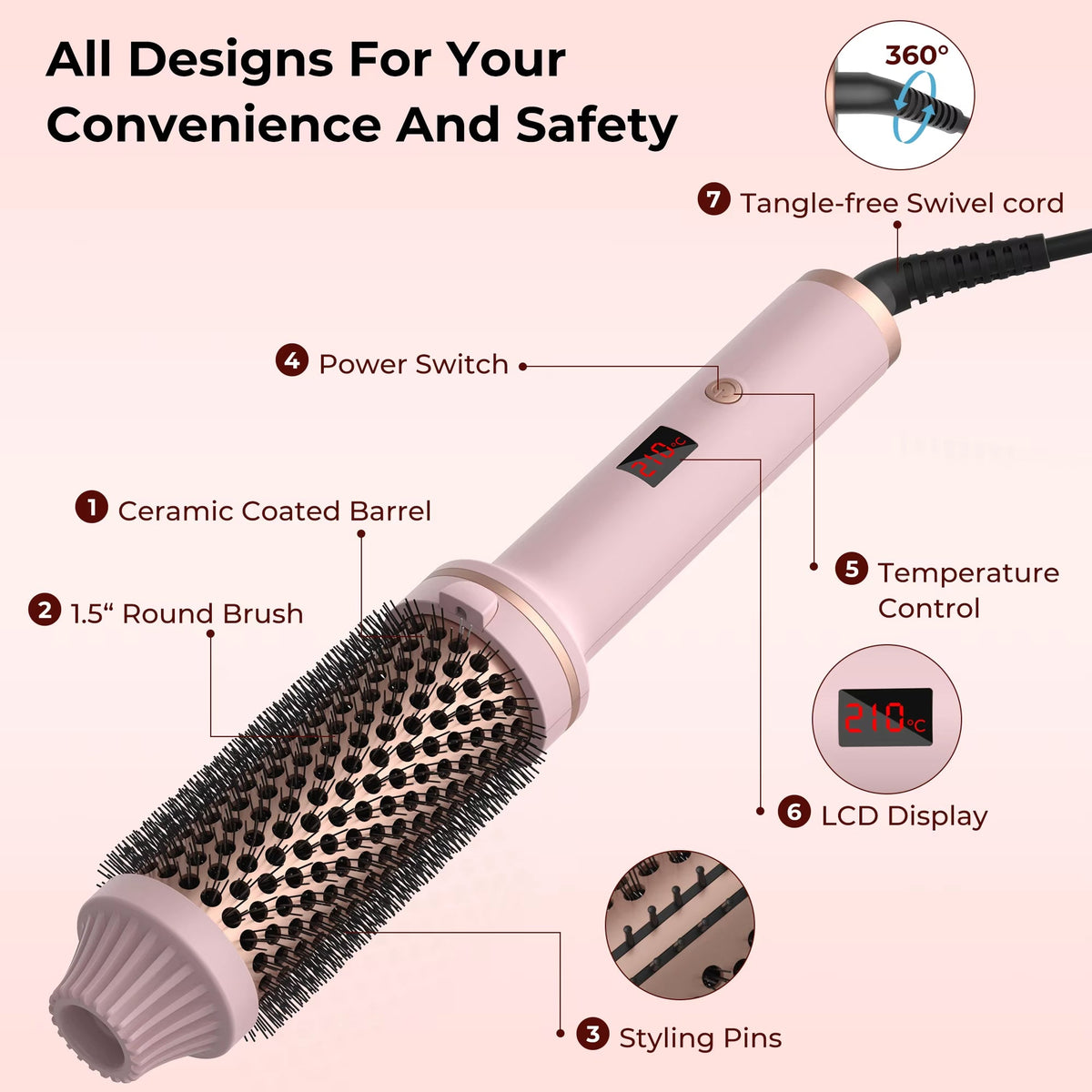 Ceramic Styling Brush with Ionic Technology Black Pink 3-in-1 Curling Iron Straightener for All Hair Types | Sansoti