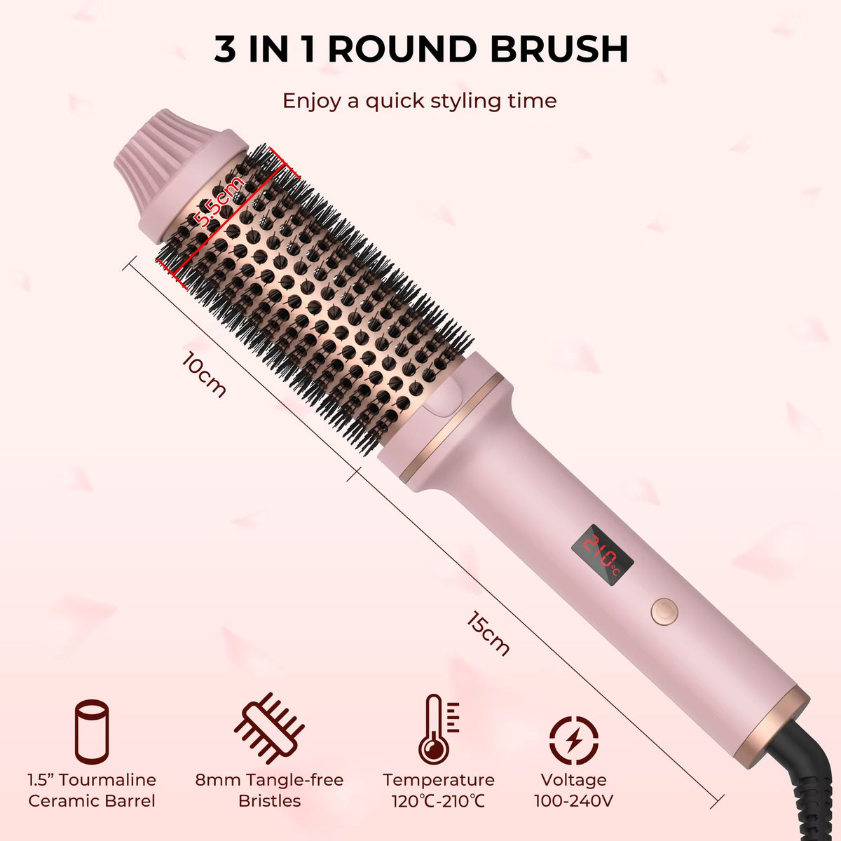 Ceramic Styling Brush with Ionic Technology Black Pink 3-in-1 Curling Iron Straightener for All Hair Types | Sansoti