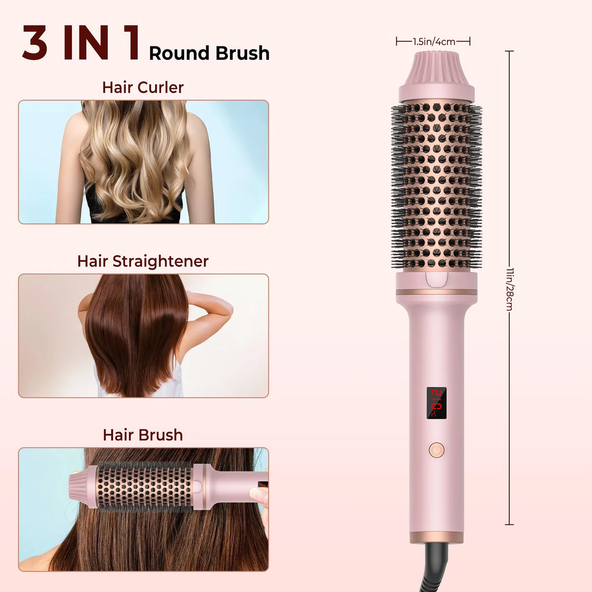 Ceramic Styling Brush with Ionic Technology Black Pink 3-in-1 Curling Iron Straightener for All Hair Types | Sansoti