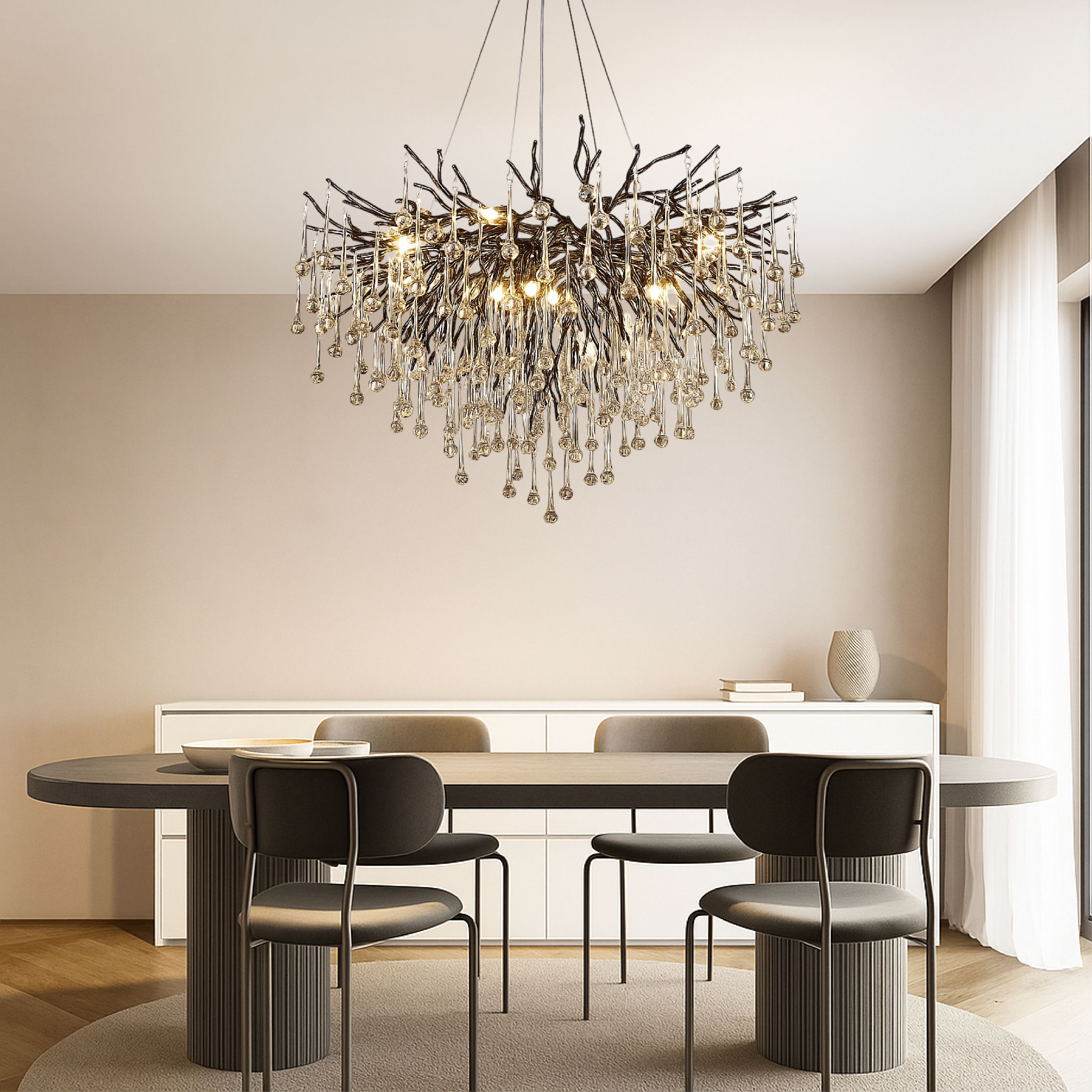 Lustre en cristal, aluminium noir avec éclairage LED blanc chaud 3000 K, pour hauts plafonds et salons | Sansoti