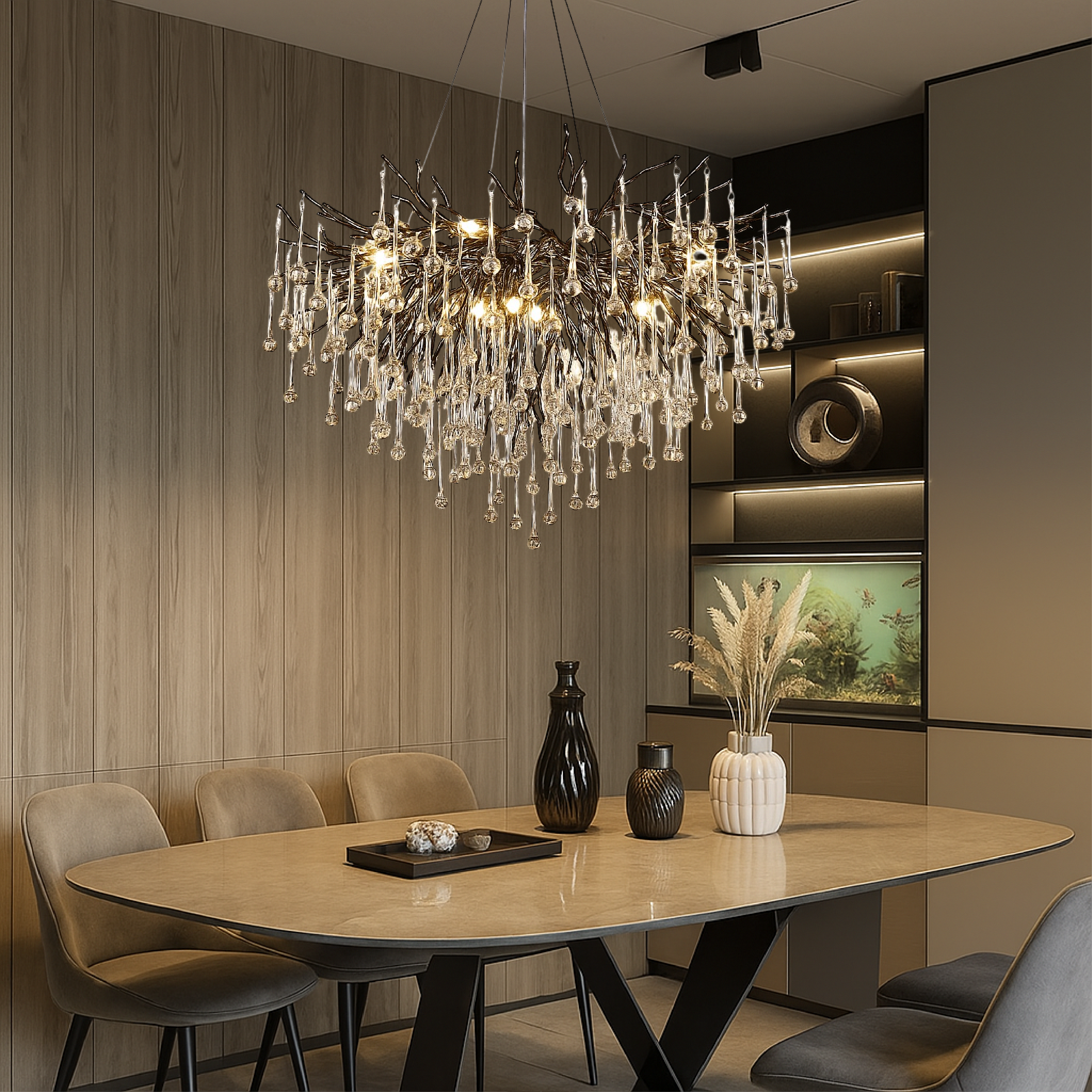 Lustre en cristal, aluminium noir avec éclairage LED blanc chaud 3000 K, pour hauts plafonds et salons | Sansoti