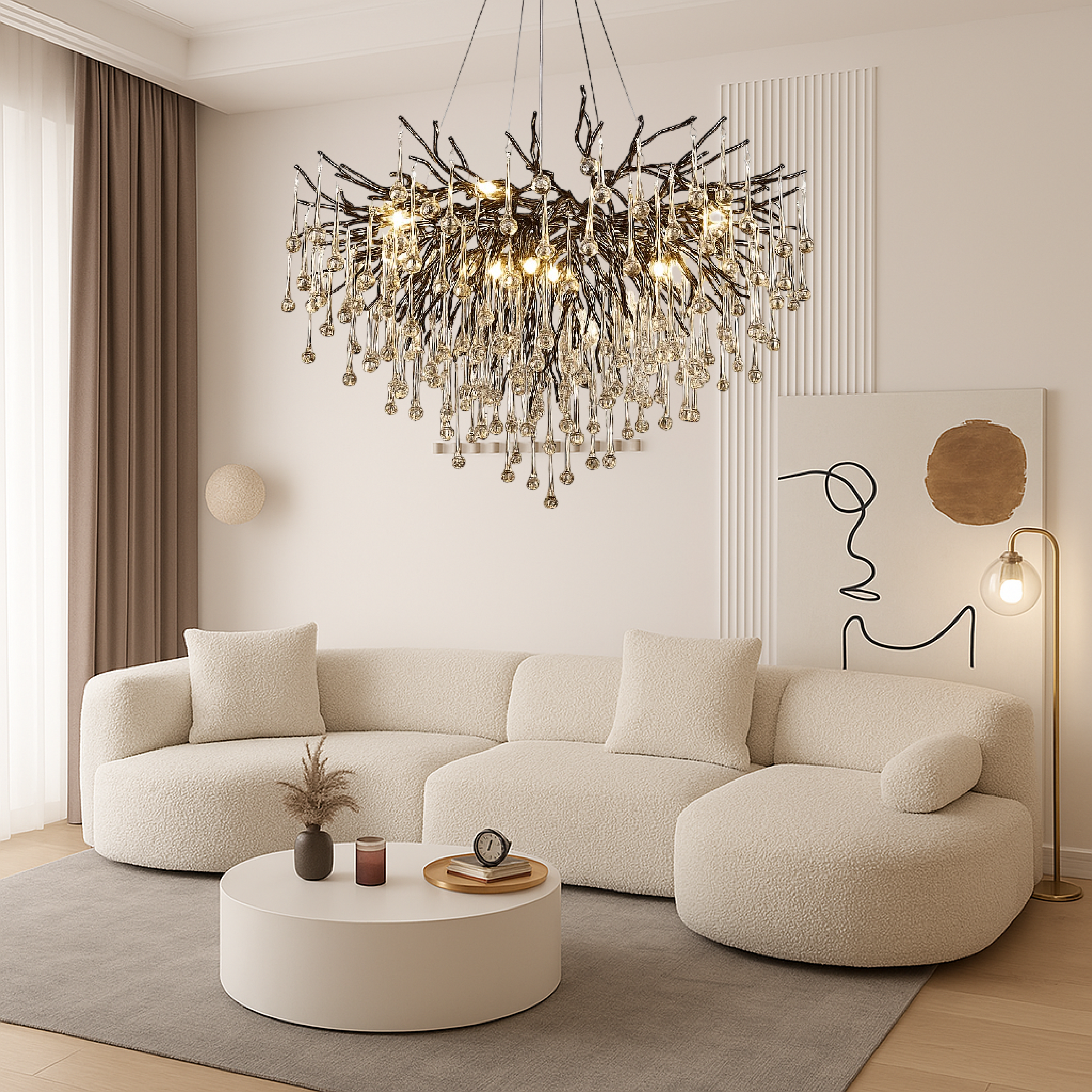 Lustre en cristal, aluminium noir avec éclairage LED blanc chaud 3000 K, pour hauts plafonds et salons | Sansoti