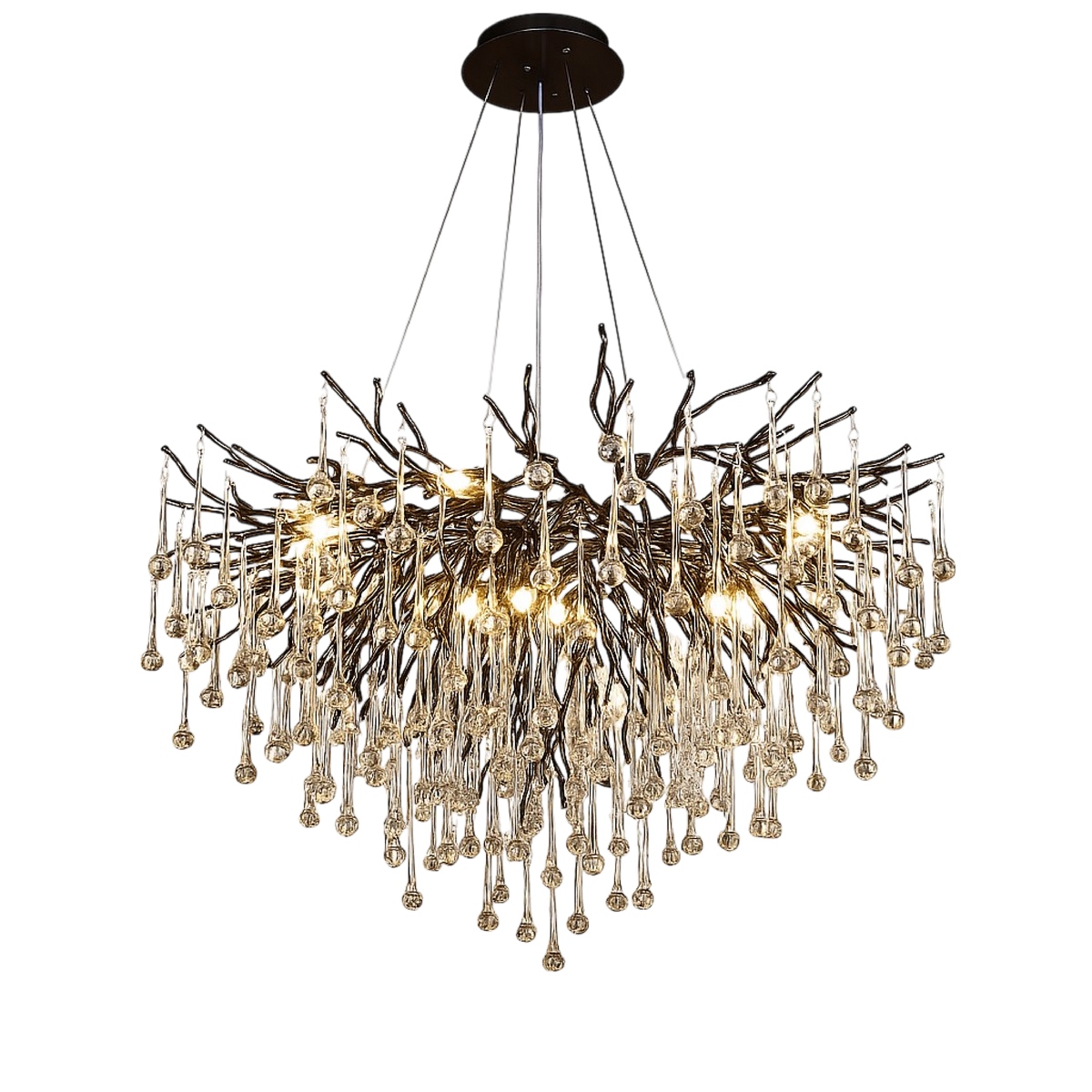 Lustre en cristal, aluminium noir avec éclairage LED blanc chaud 3000 K, pour hauts plafonds et salons | Sansoti