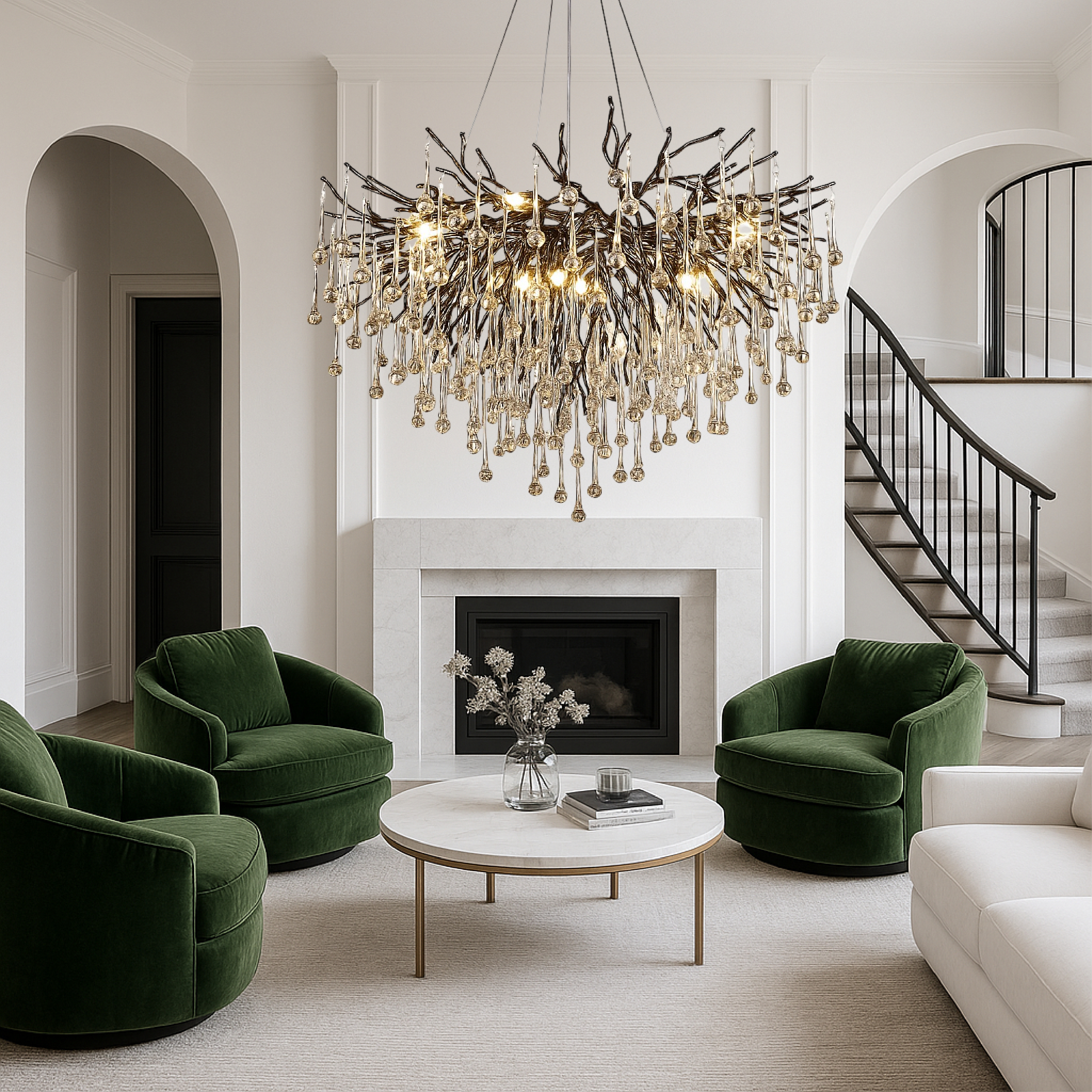 Lustre en cristal, aluminium noir avec éclairage LED blanc chaud 3000 K, pour hauts plafonds et salons | Sansoti