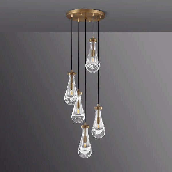 Ronde Glazen Kroonluchter 5 Lichtpunten Druppelvorm Glas Metaal Hanglamp voor Eetkamer Woonkamer Eettafel | Sansoti