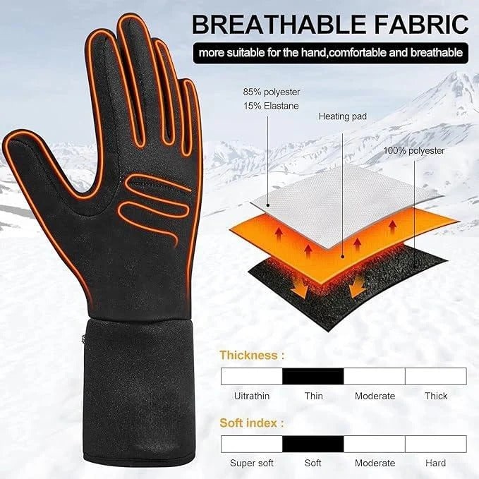 Sous-gants chauffants rechargeables avec réglage de la température pour sports d’hiver et activités en plein air, noirs, en polaire extensible | Sansoti