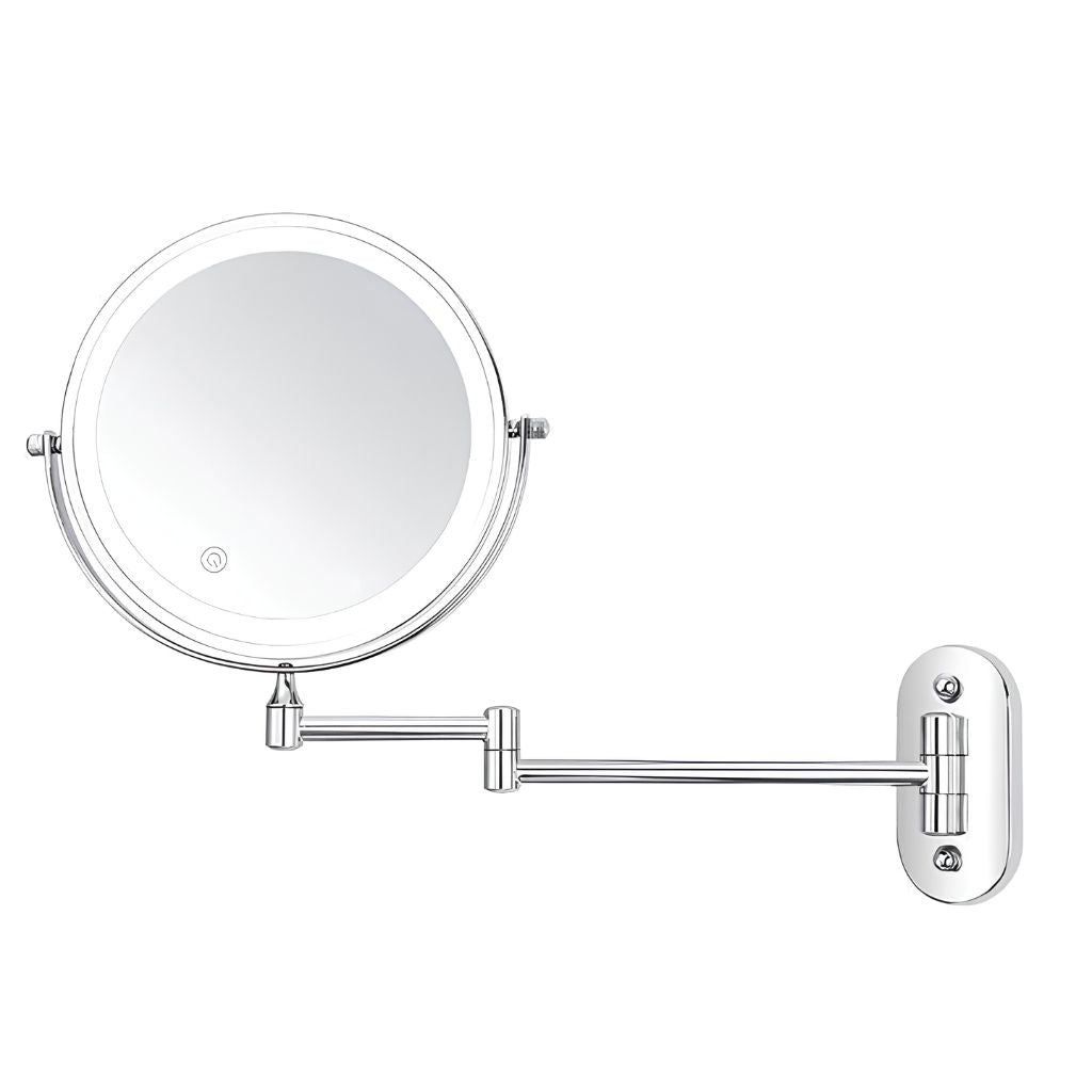 Miroir mural argenté avec éclairage LED et grossissement pour la salle de bains, le maquillage, les soins et le rasage | Sansoti