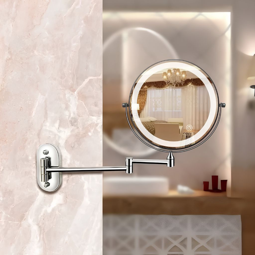 Miroir mural argenté avec éclairage LED et grossissement pour la salle de bains, le maquillage, les soins et le rasage | Sansoti
