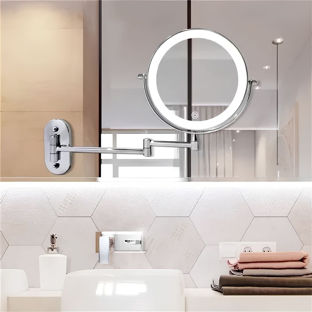 Miroir mural argenté avec éclairage LED et grossissement pour la salle de bains, le maquillage, les soins et le rasage | Sansoti