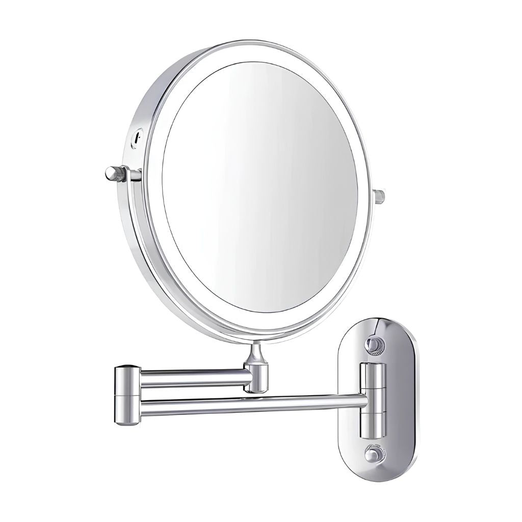 Miroir mural argenté avec éclairage LED et grossissement pour la salle de bains, le maquillage, les soins et le rasage | Sansoti