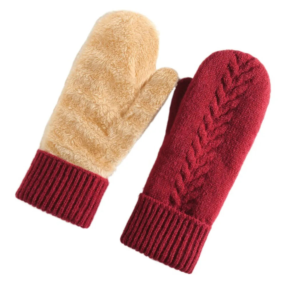 Double-Layer Mittens with Fleece Lining Winter Gloves for Women Warm Knitted Mittens Winter Sports | Sansoti