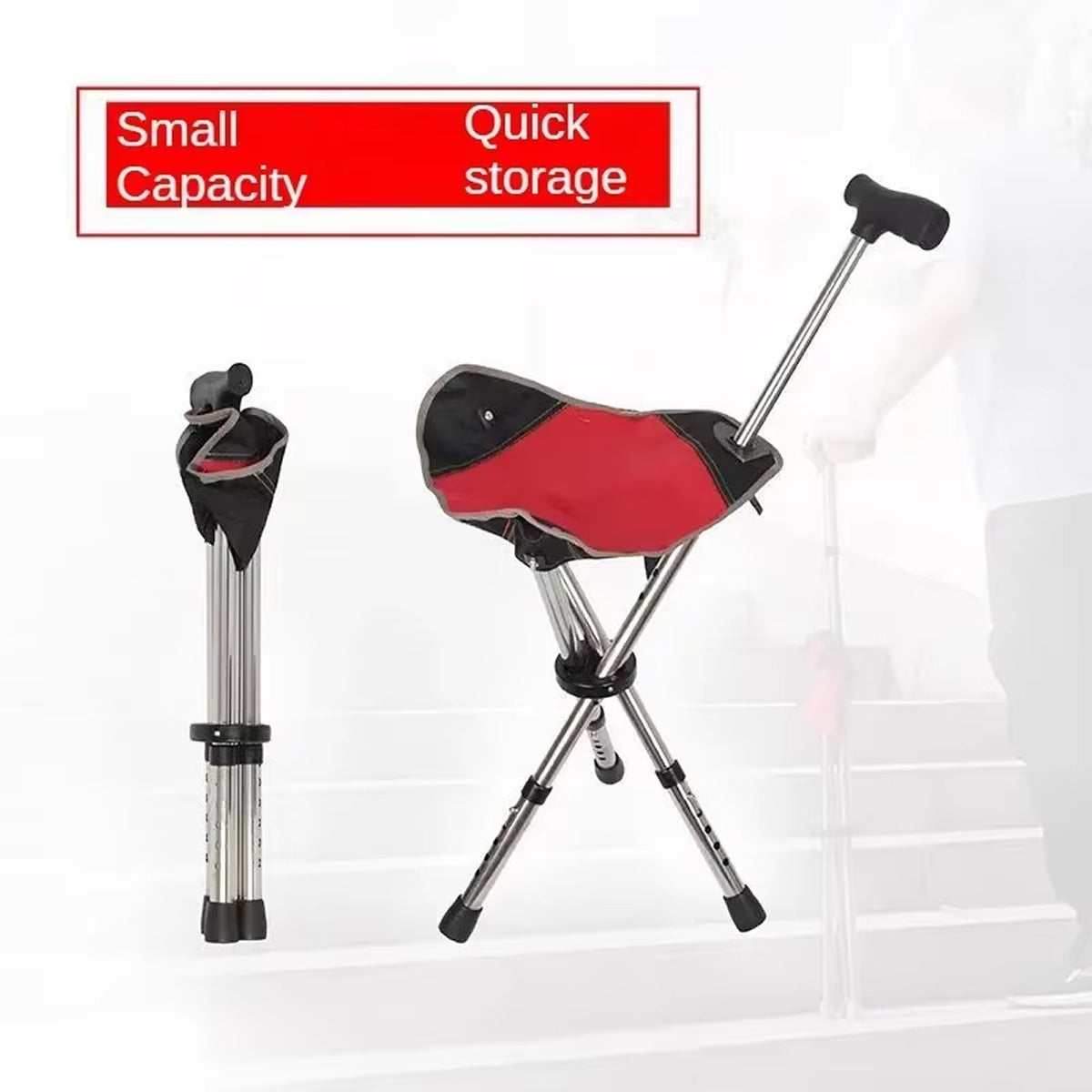 Folding Walking Cane with Seat Adjustable 57-87cm Aluminum Tripod Mobility Aid for Outdoor Walking | Sansoti