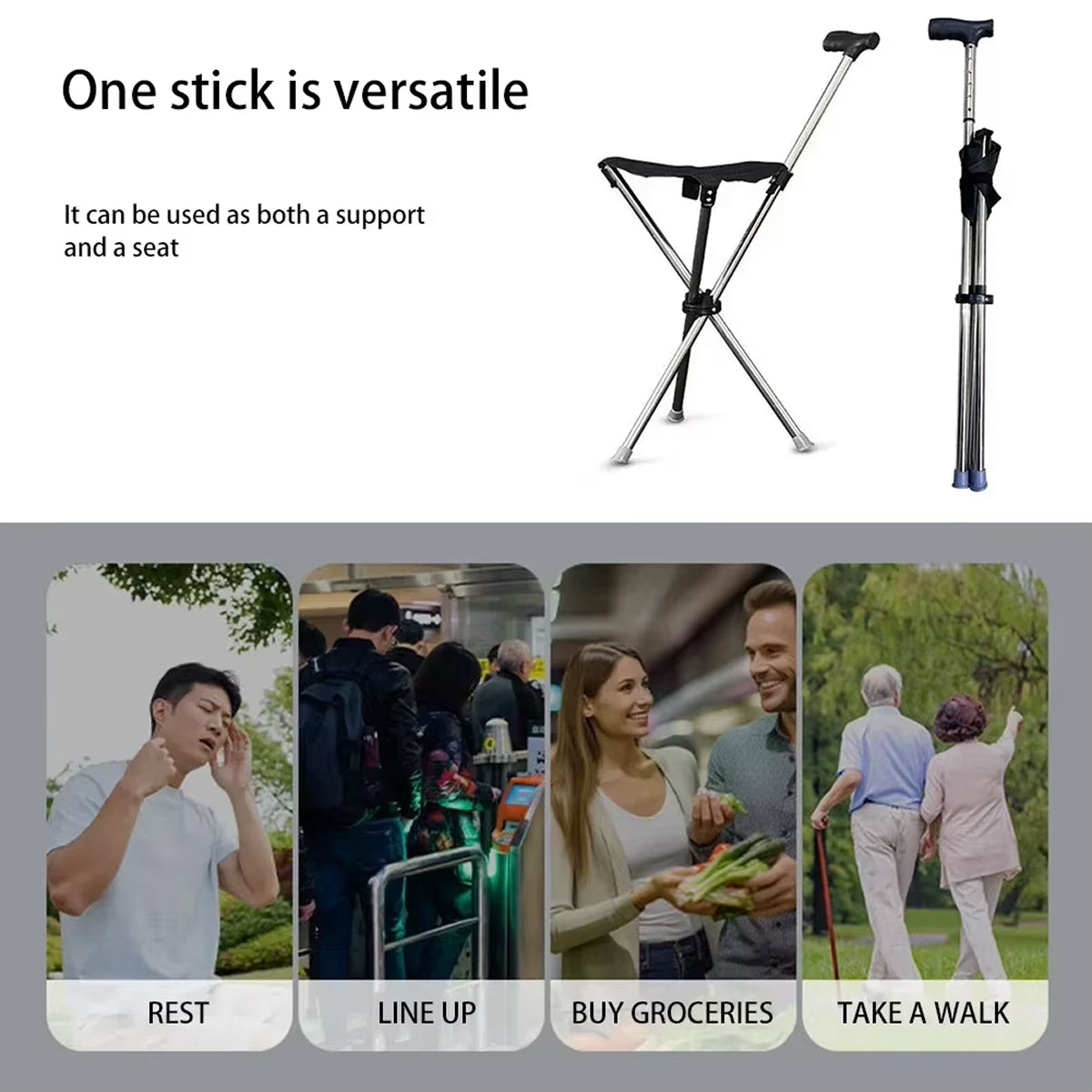 Folding Walking Cane with Seat Adjustable 57-87cm Aluminum Tripod Mobility Aid for Outdoor Walking | Sansoti