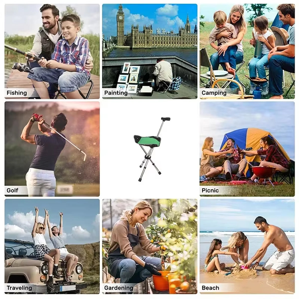 Folding Walking Cane with Seat Adjustable 57-87cm Aluminum Tripod Mobility Aid for Outdoor Walking | Sansoti