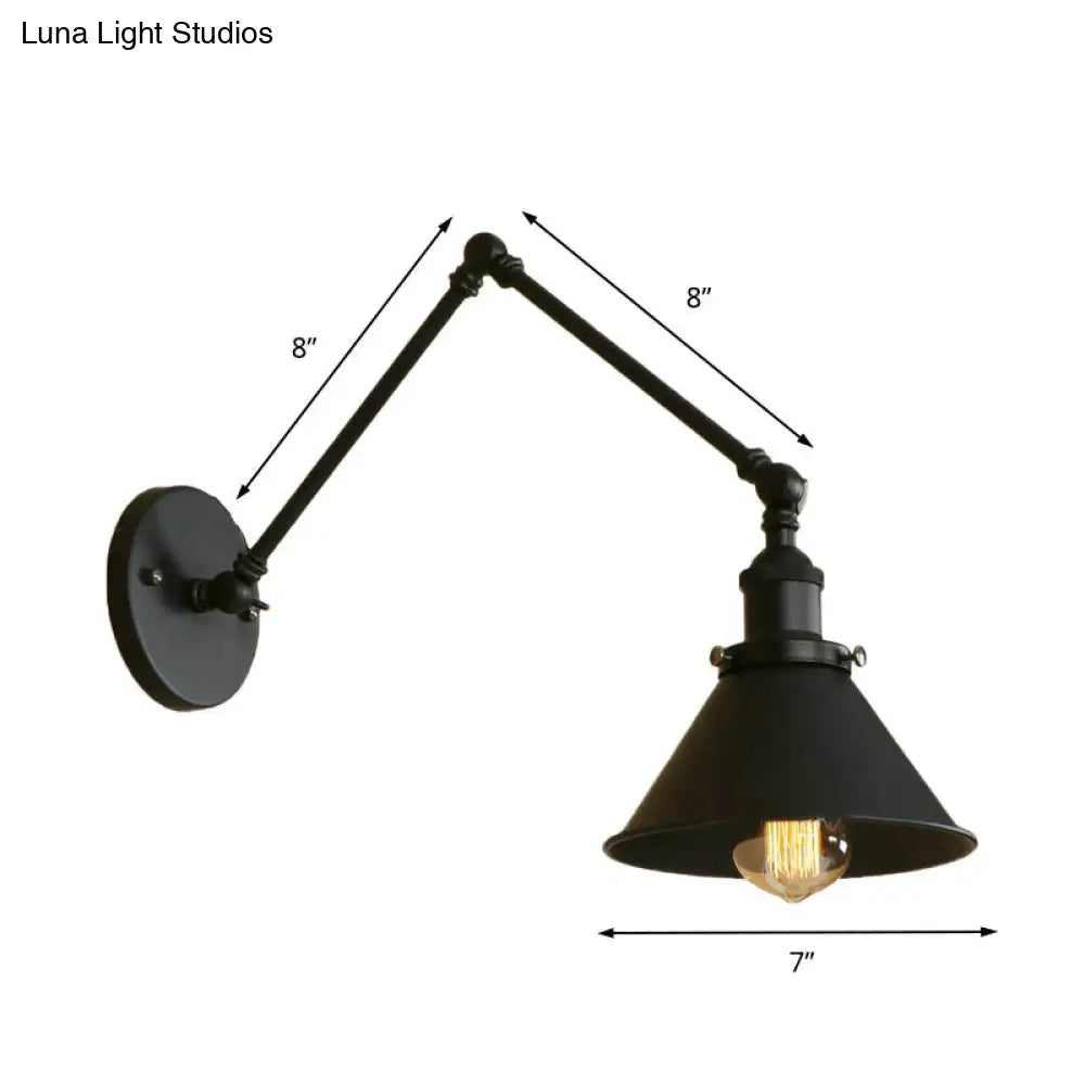 Czarny kinkiet z regulowanym ramieniem i stożkowym kloszem, industrialny design, metal, oprawka E26 E27, do salonu | Sansoti