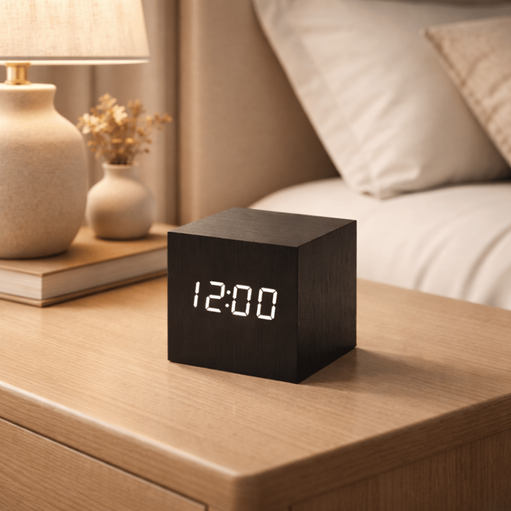 Digitaler Wecker in Würfelform in Holzoptik mit LED-Display, Geräuschaktivierung, Alarm, Temperaturanzeige und Timer für Schlafzimmer und Büro | Sansoti