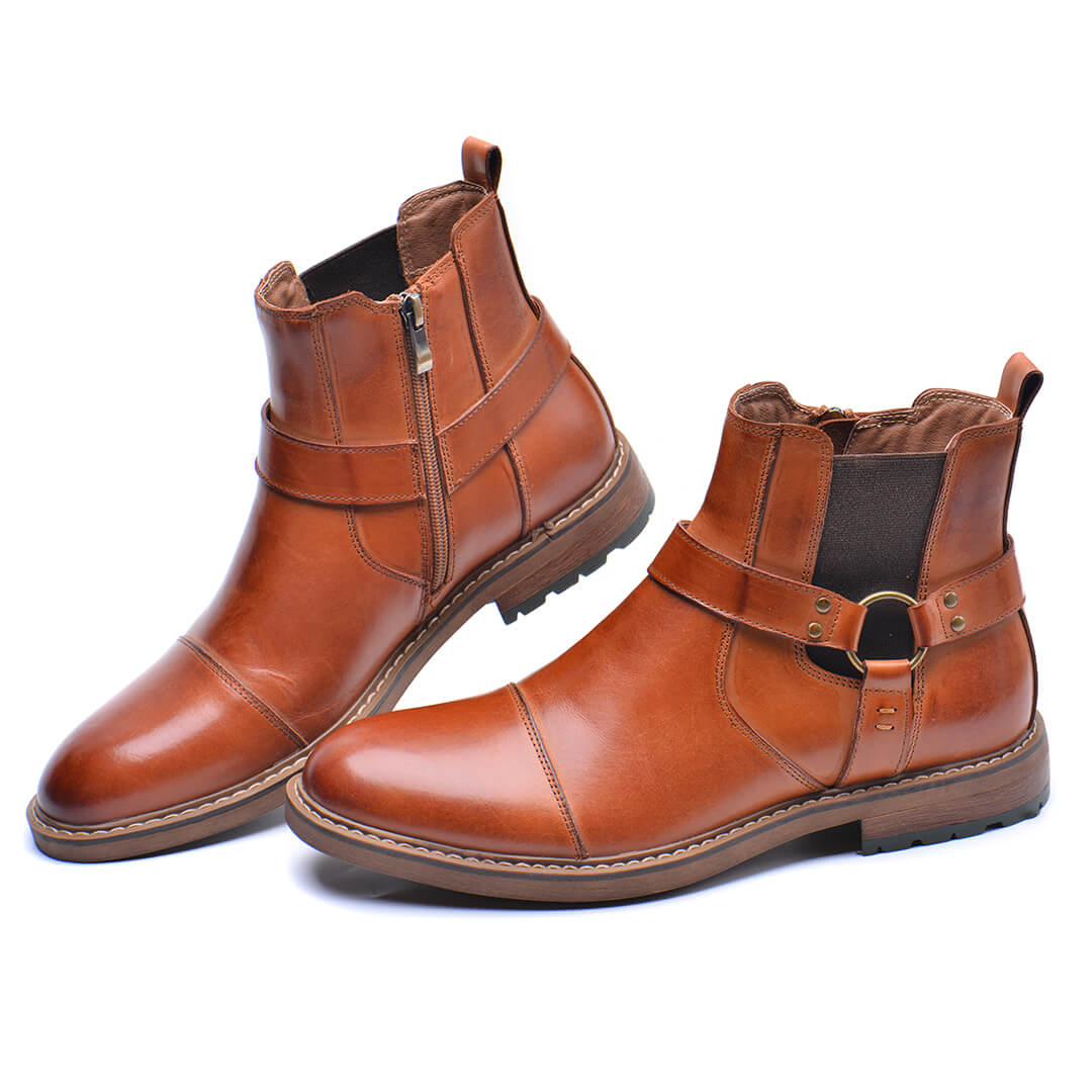 Leren Laarzen Heren Moto-Stijl Cognac Bruin Enkelhoog Vintage Uitstraling Comfortabel Duurzaam Leder | Sansoti