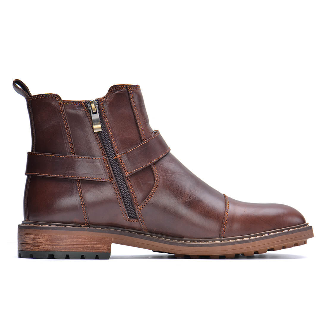 Leren Laarzen Heren Moto-Stijl Cognac Bruin Enkelhoog Vintage Uitstraling Comfortabel Duurzaam Leder | Sansoti