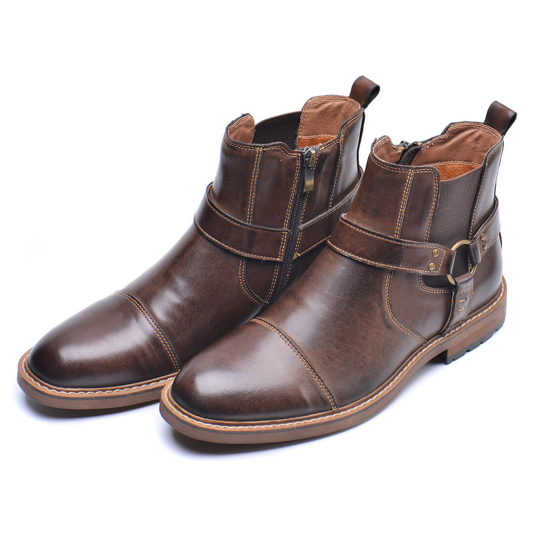 Leren Laarzen Heren Moto-Stijl Cognac Bruin Enkelhoog Vintage Uitstraling Comfortabel Duurzaam Leder | Sansoti
