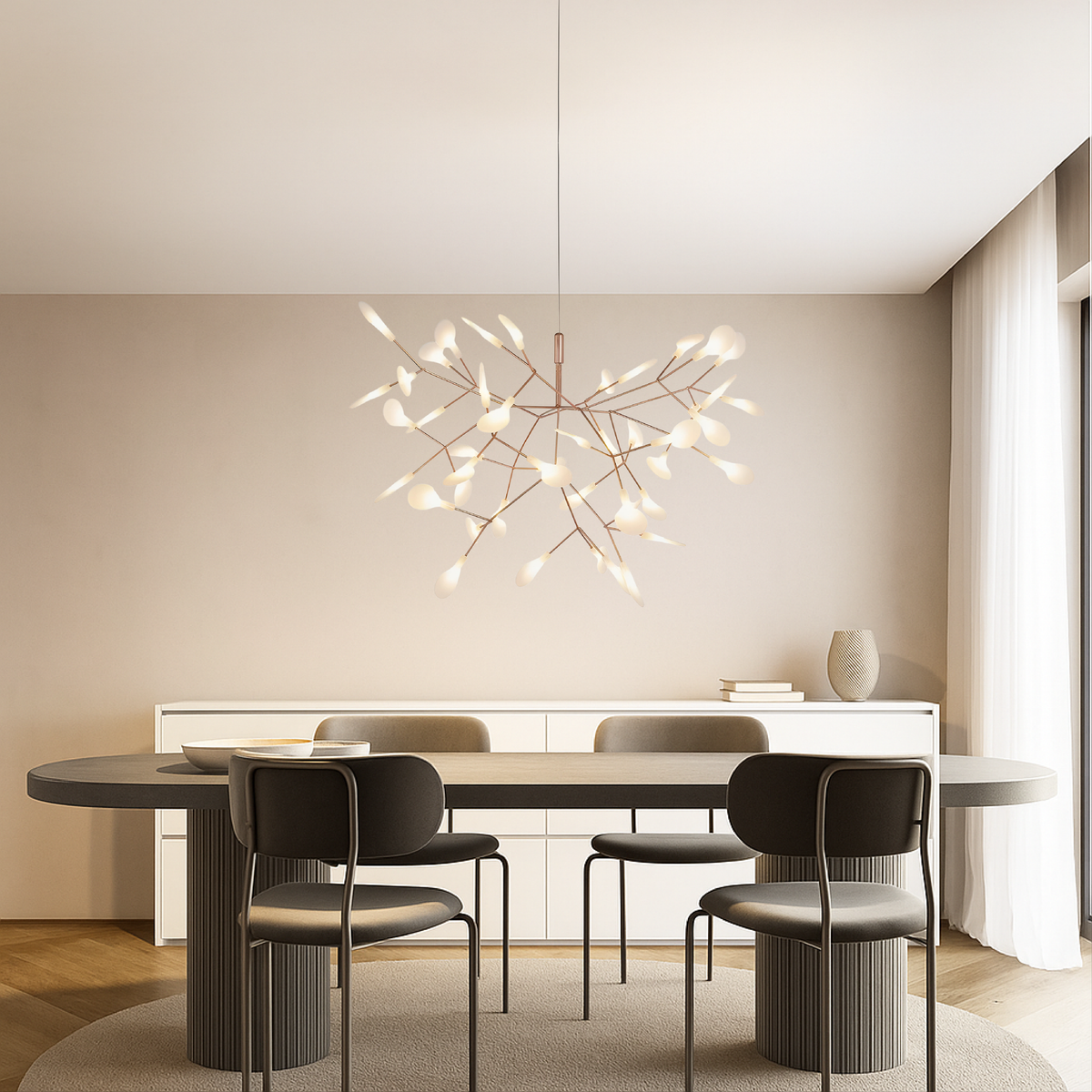 Suspension en métal rose doré, 45 sources lumineuses, design sculptural moderne pour grands espaces, salle à manger et salon | Sansoti