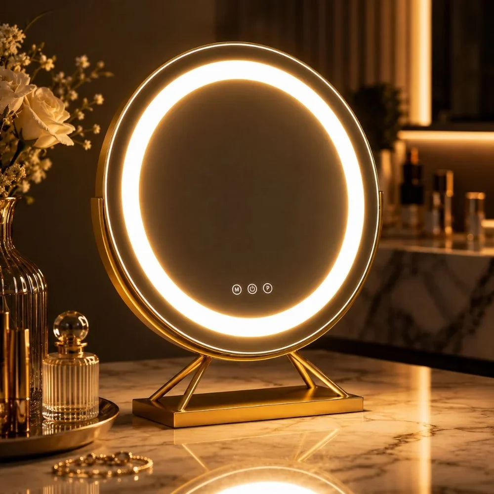 Beleuchteter Make-up-Spiegel mit dimmbarer LED, 15-facher Vergrößerung, 30 cm, rund, 3 Lichtmodi, um 360° drehbar, Tischmodell | Sansoti