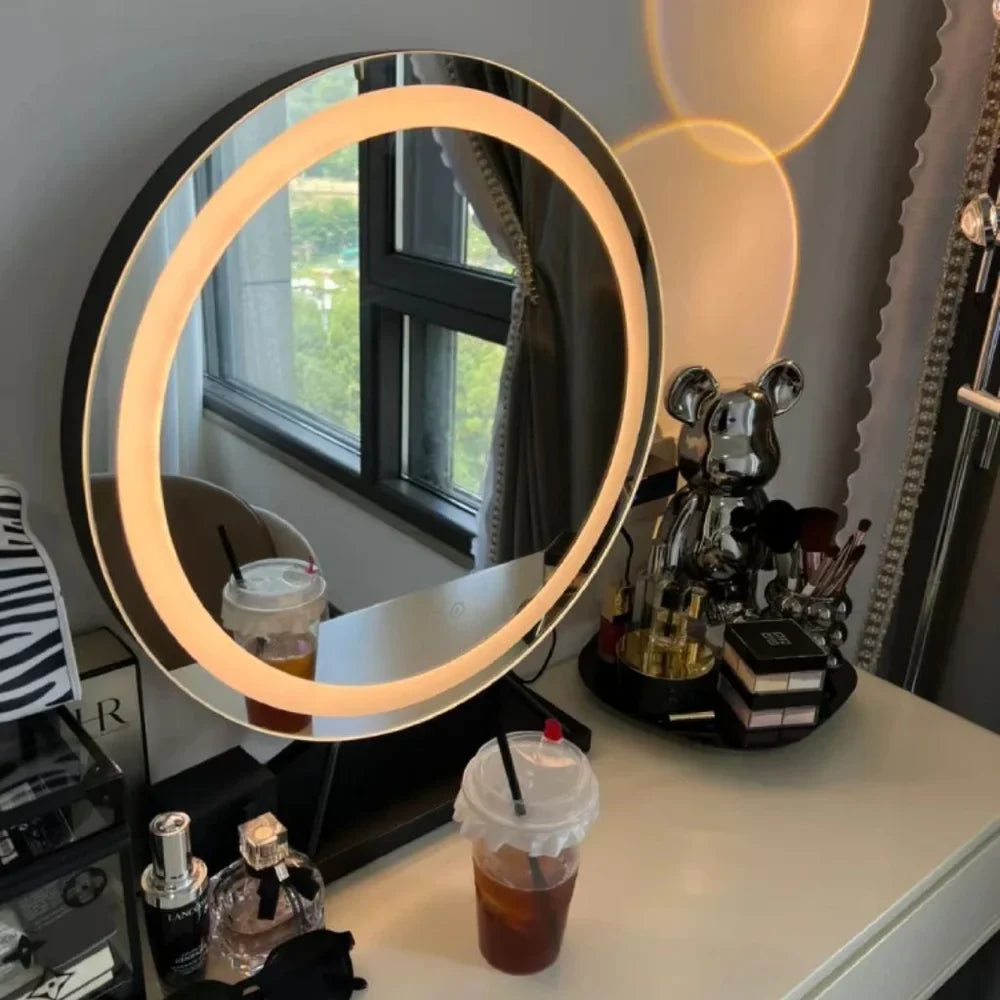 Beleuchteter Make-up-Spiegel mit dimmbarer LED, 15-facher Vergrößerung, 30 cm, rund, 3 Lichtmodi, um 360° drehbar, Tischmodell | Sansoti