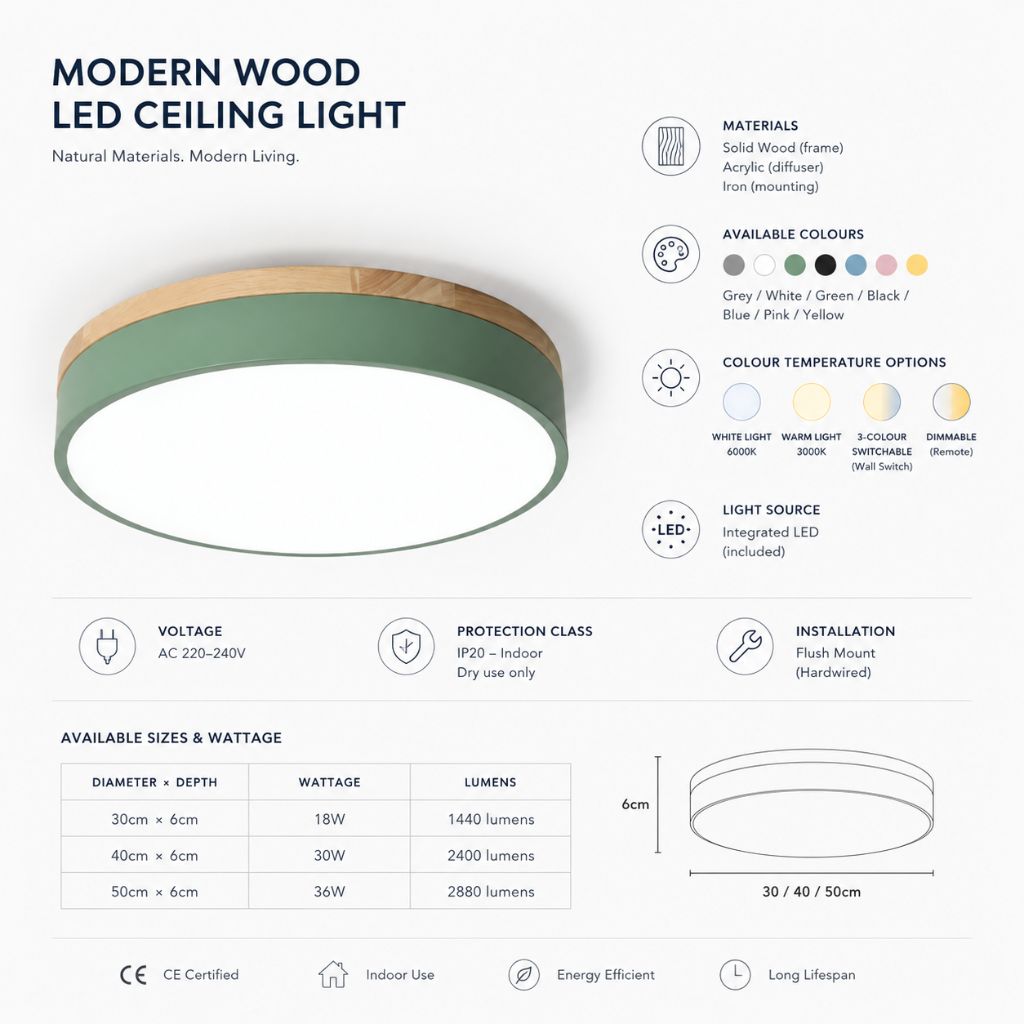 Runde Holz-Deckenleuchte mit LED-Beleuchtung, 30–50 cm, dimmbar, warmweißes Licht für Wohnzimmer, Schlafzimmer und Esszimmer | Sansoti