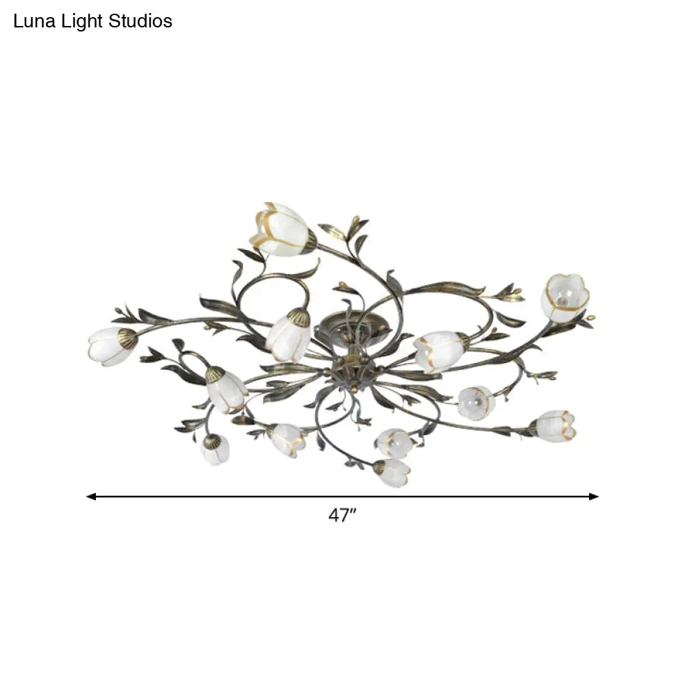 Landelijke Kroonluchter Glas & Messing 4-12 Lichtpunten Bloemranken Plafondlamp Romantische Verlichting | Sansoti