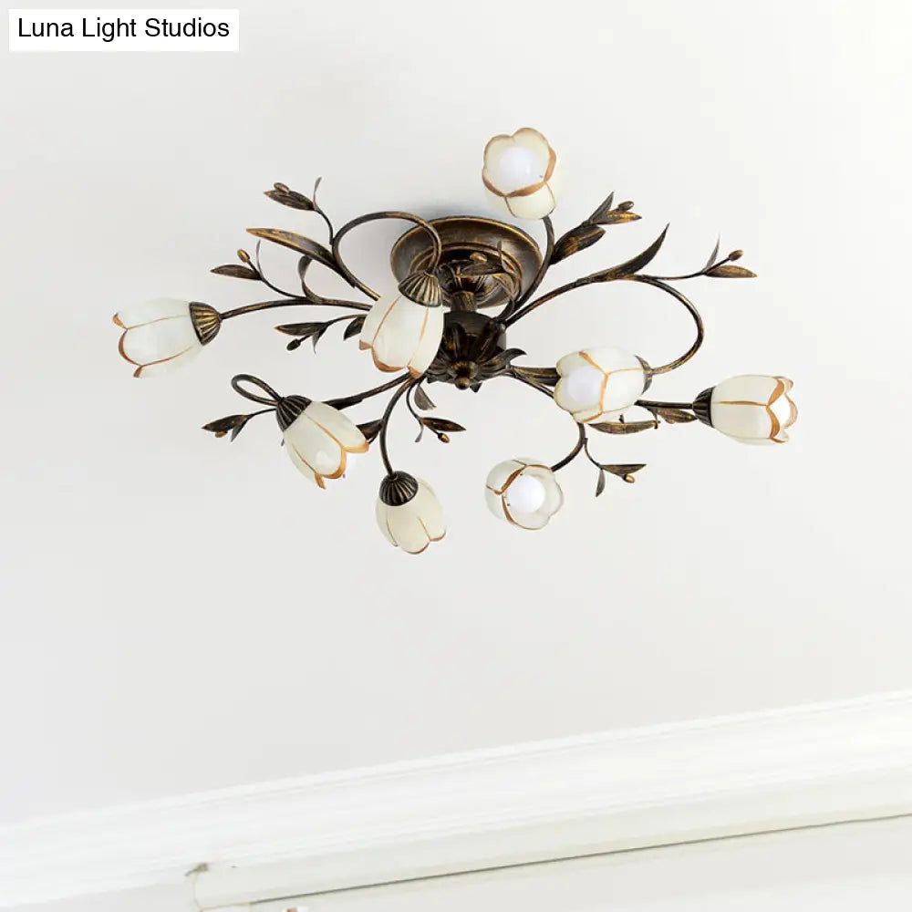Landelijke Kroonluchter Glas & Messing 4-12 Lichtpunten Bloemranken Plafondlamp Romantische Verlichting | Sansoti