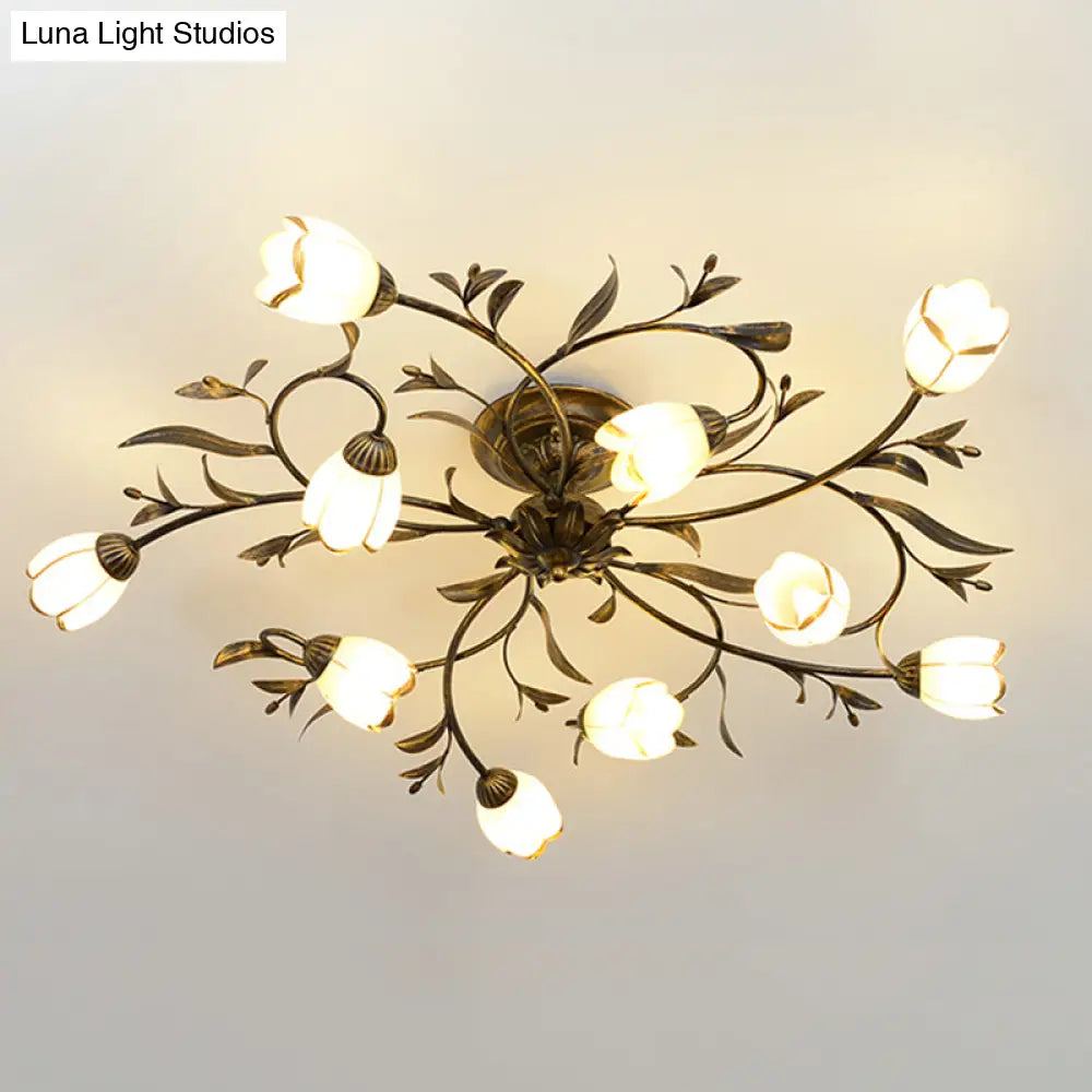 Landelijke Kroonluchter Glas & Messing 4-12 Lichtpunten Bloemranken Plafondlamp Romantische Verlichting | Sansoti