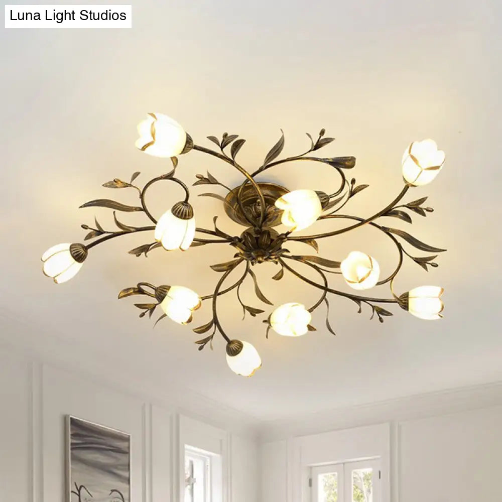 Landelijke Kroonluchter Glas & Messing 4-12 Lichtpunten Bloemranken Plafondlamp Romantische Verlichting | Sansoti