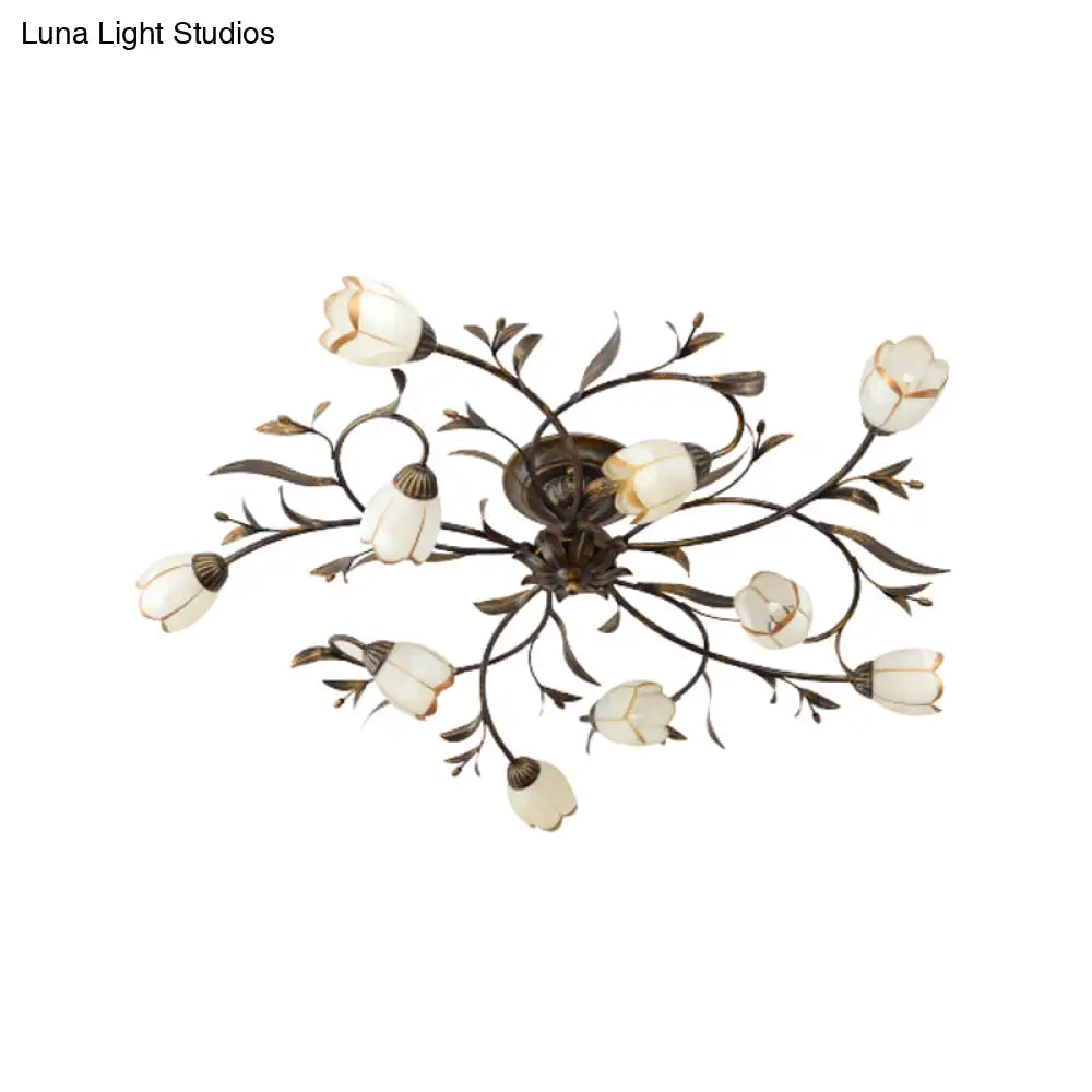 Landelijke Kroonluchter Glas & Messing 4-12 Lichtpunten Bloemranken Plafondlamp Romantische Verlichting | Sansoti