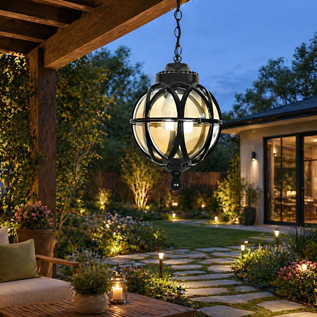 Spherical Pendant Outdoor Light Black Bronze Waterproof Vintage Garden Lamp for Balcony Veranda | Sansoti