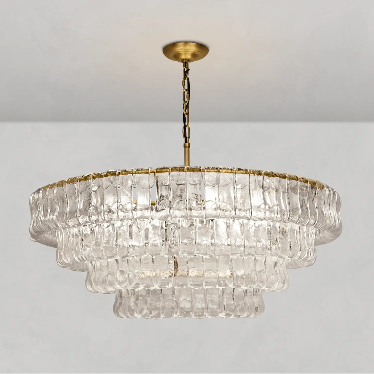 Lustre rond en verre texturé avec structure métallique multicouche À intensité variable et réglable 60-152cm pour salon | Sansoti