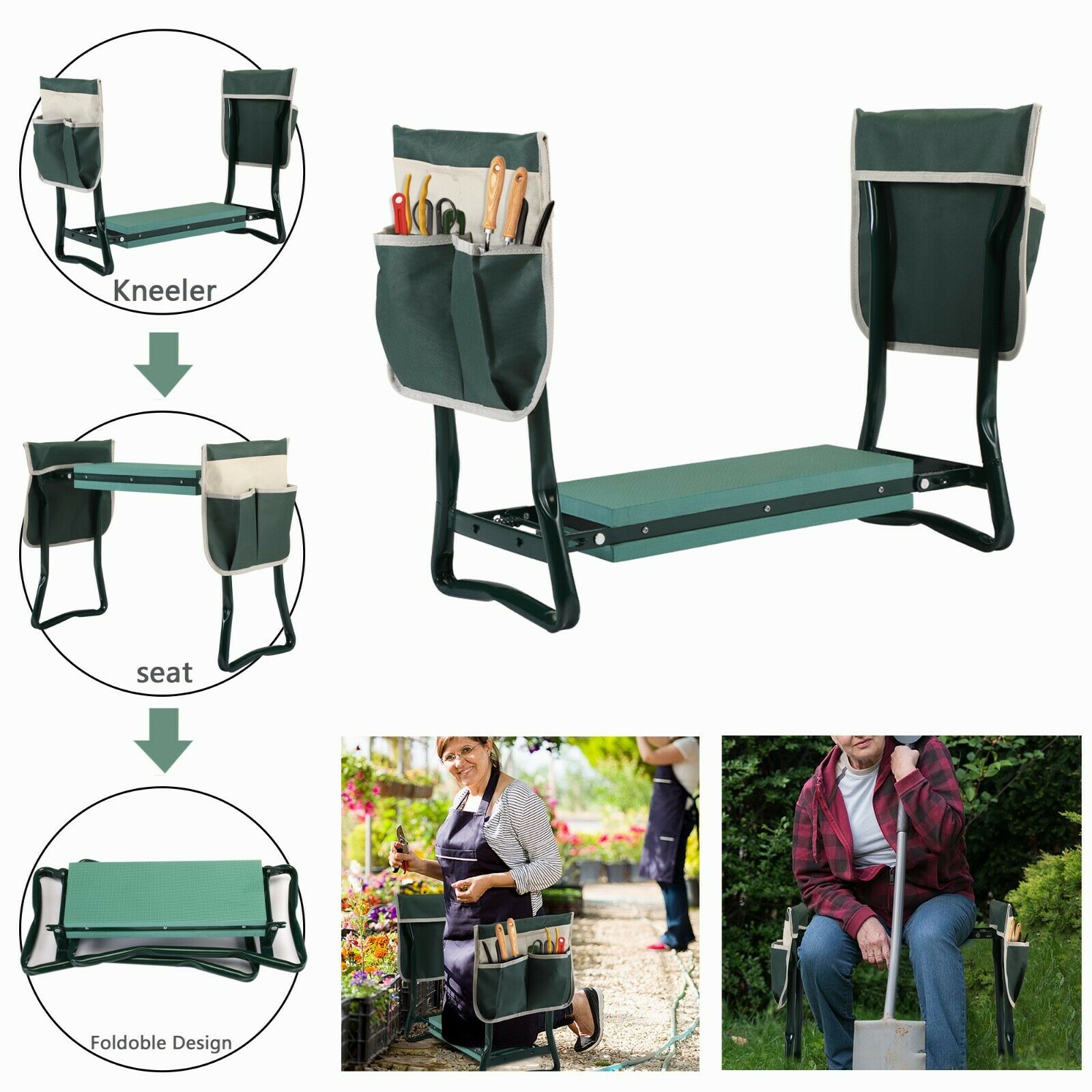 Opvouwbare Tuinknieler en Zitbank met Gereedschapstassen – Ergonomische Tuinhulp tot 150 kg | Sansoti
