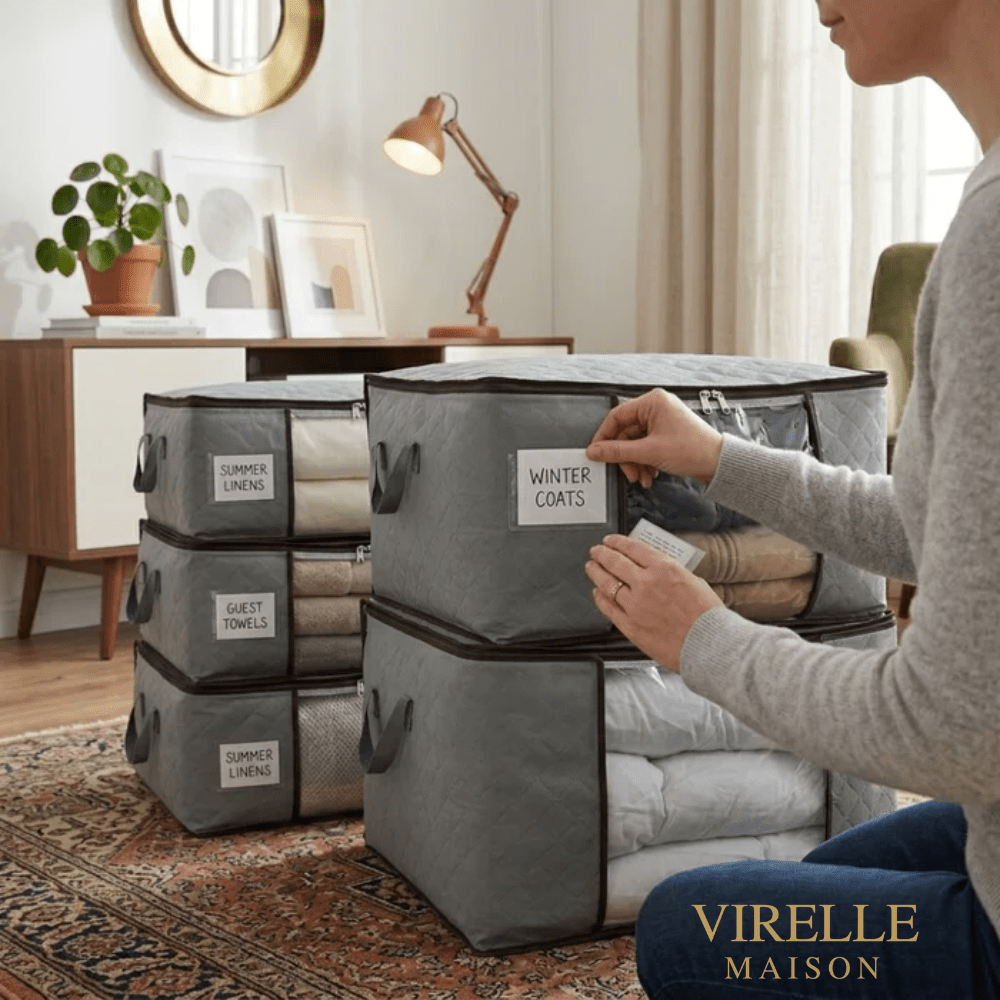Boîte de rangement pour vêtements 60x40x35cm grise, respirante, avec fenêtre, pour armoire, couettes et textiles, organisateur de rangement | Sansoti