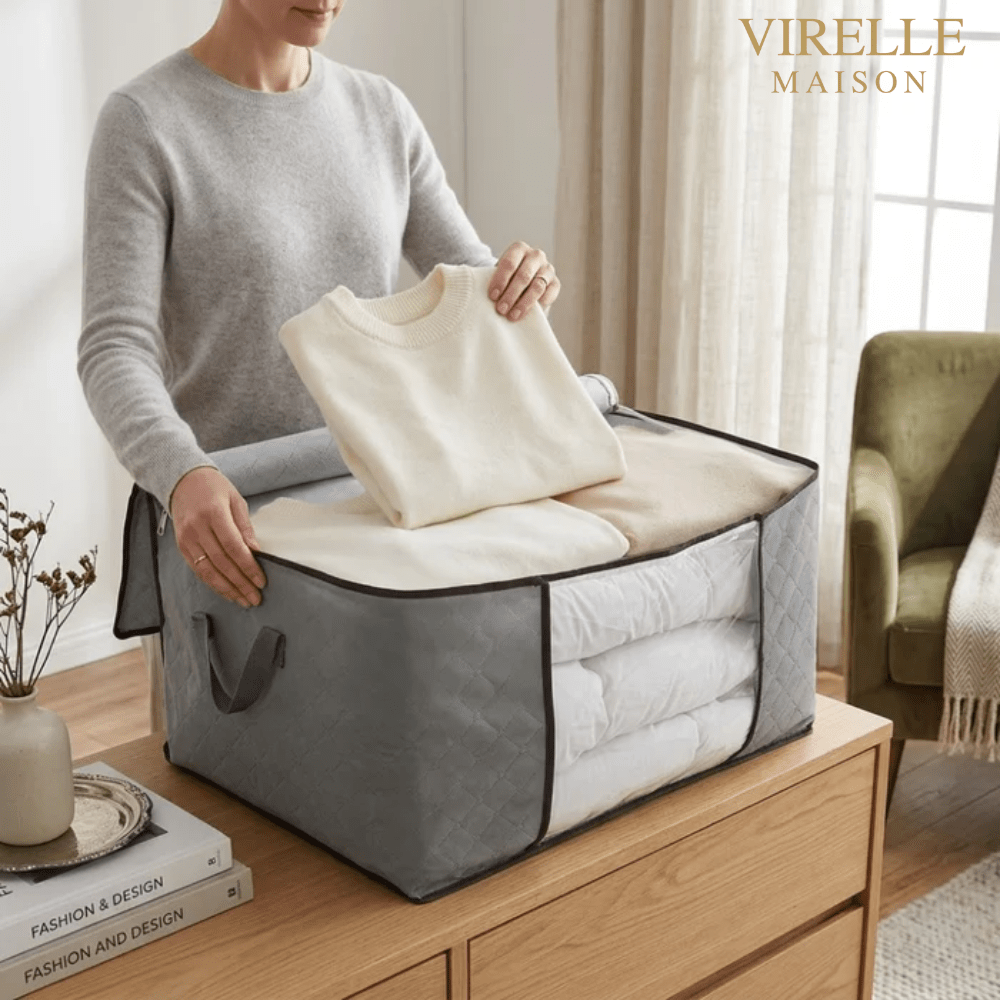 Boîte de rangement pour vêtements 60x40x35cm grise, respirante, avec fenêtre, pour armoire, couettes et textiles, organisateur de rangement | Sansoti