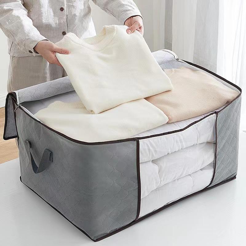 Boîte de rangement pour vêtements 60x40x35cm grise, respirante, avec fenêtre, pour armoire, couettes et textiles, organisateur de rangement | Sansoti