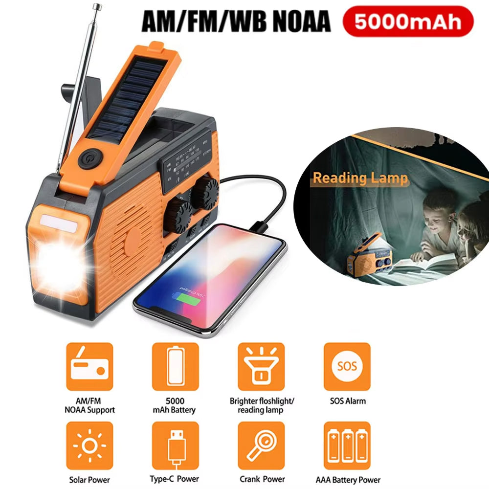 Noodradio Oplaadbaar met Zonnepaneel en Powerbank 4000mAh voor Outdoor Camping en Stroomuitval Noodsituaties | Sansoti