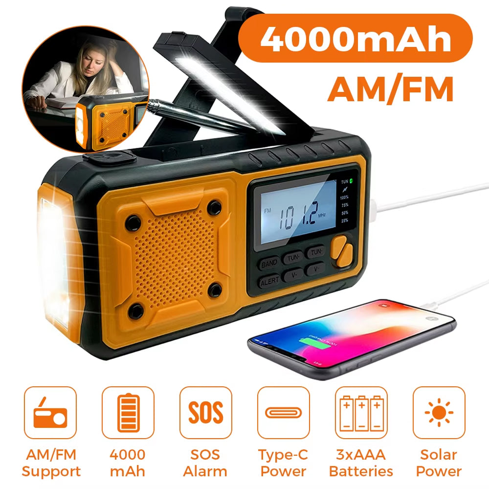 Noodradio Oplaadbaar met Zonnepaneel en Powerbank 4000mAh voor Outdoor Camping en Stroomuitval Noodsituaties | Sansoti
