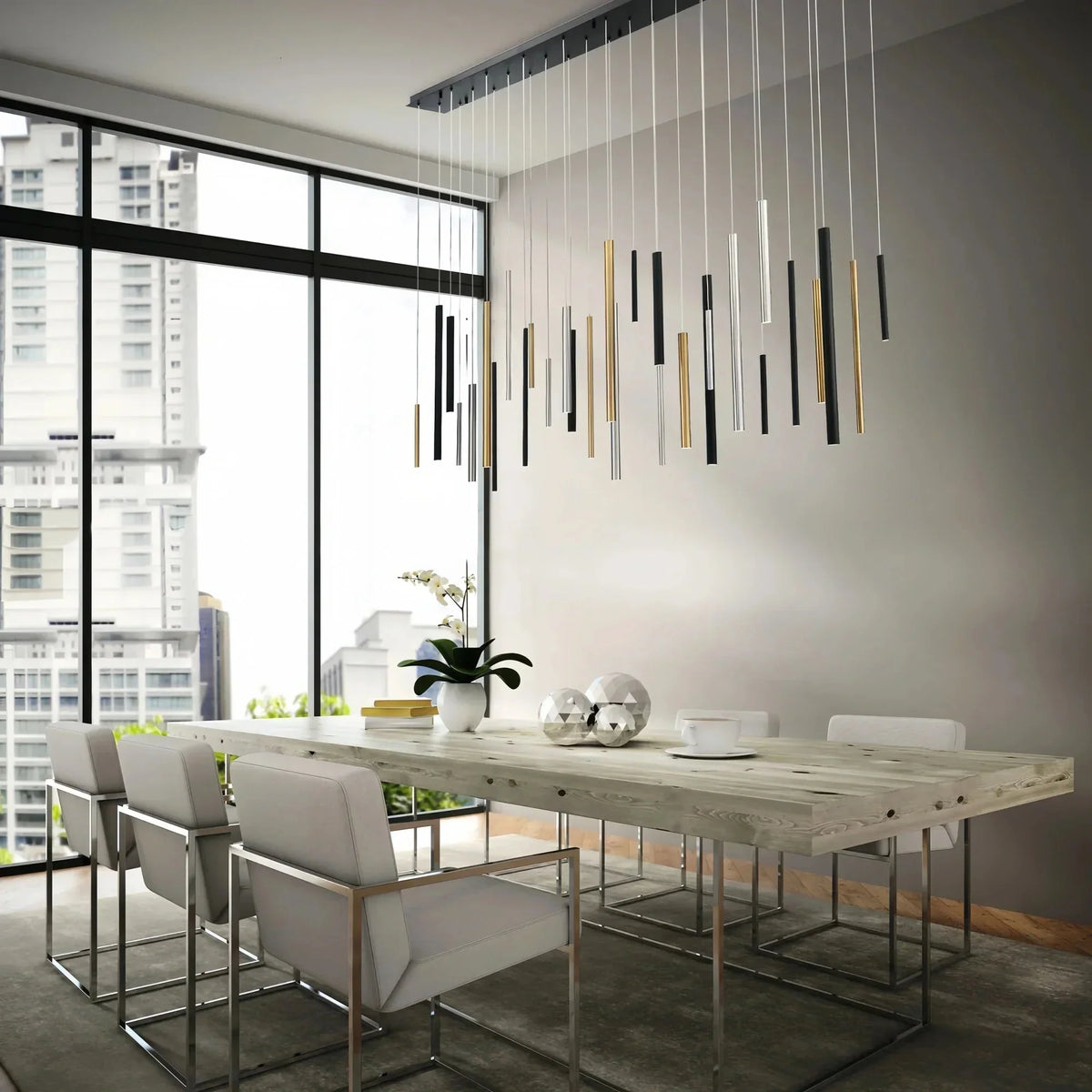 Moderne lineare Pendelleuchte mit verstellbaren Aluminiumröhren und LED-Spotbeleuchtung für Kücheninsel und Esszimmer | Sansoti
