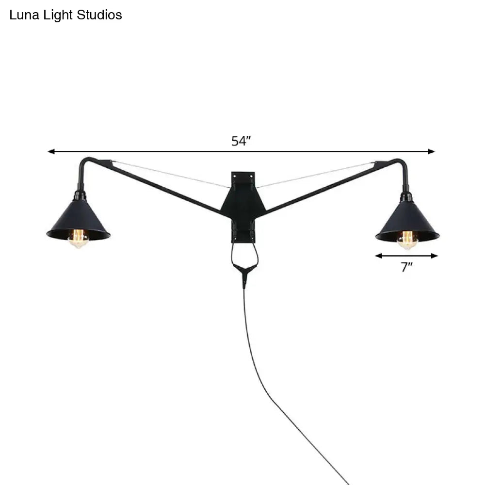 Industrielle Wandleuchte mit Schwenkarm aus schwarzem Metall, 1–2 Lichtquellen, E26/E27, verstellbar, Vintage-Design, Wohnzimmer | Sansoti